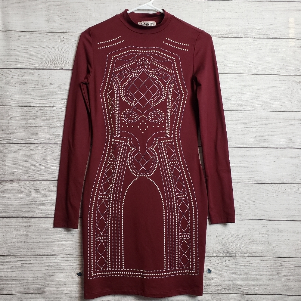 Say What NY Bodycon Studded Embellished Long Sleeve Burgundy Dress Women's Small
